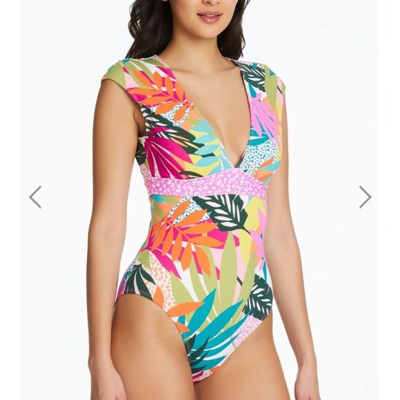 Bleu Rod Beattie Wild At Heart Cap Sleeve Plunge Neck Colorful Tropical Swimsuit - Picture 2 of 12